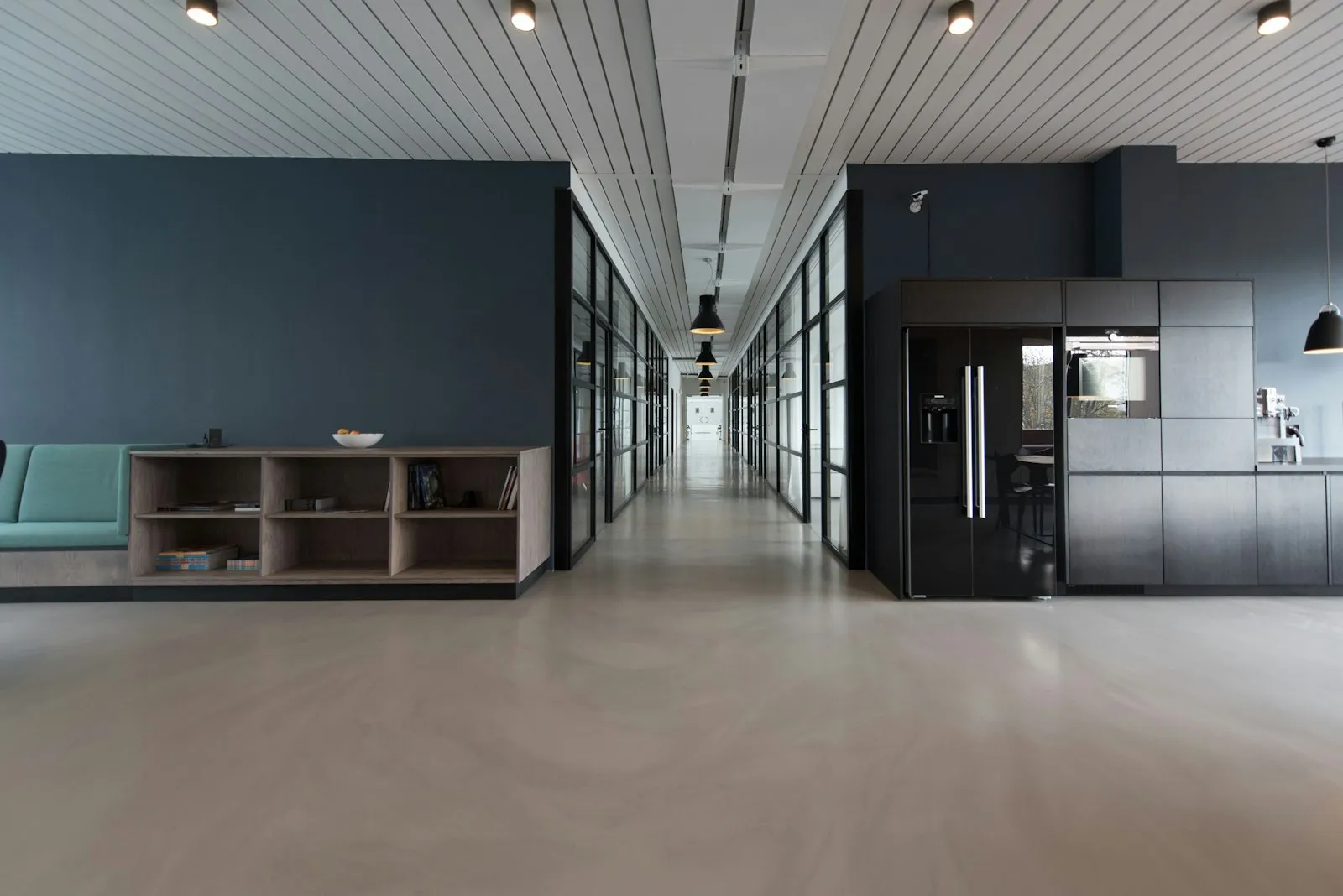 An open workspace with long tables